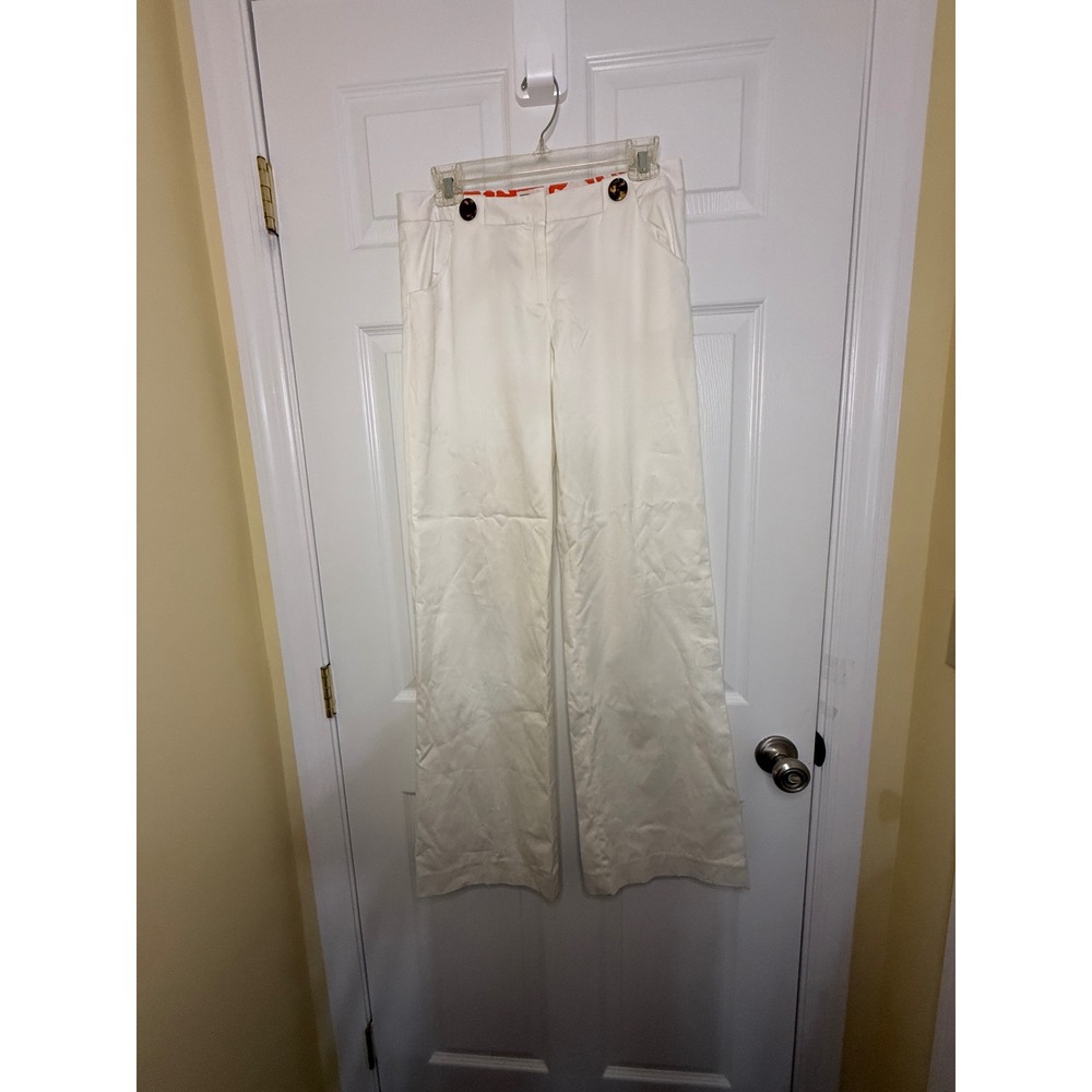 Milly Wide Leg Designer Pants Women 6 White Cotton Silk Accents Tortoise Buttons